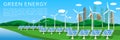 Green energy banner with solar panels and wind turbines on the background of the cityscape and summer landscape. Royalty Free Stock Photo