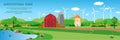 Banner design Agricultural farm on the background of the landscape and wind turbines. Vector illustration of countryside