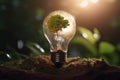 Green Energy and a Bright Future A Light Bulb in Soil. New Ideas for Sustainable Solutions. AI generated, human enhanced