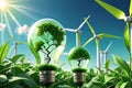 Green Energy Brilliance: Lightbulb Intricately Intertwined with Miniature Wind Turbines and Lush Greenery Inside, Symbolizing Royalty Free Stock Photo