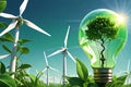 Green Energy Brilliance: Lightbulb Intricately Intertwined with Miniature Wind Turbines and Lush Greenery Inside, Symbolizing Royalty Free Stock Photo