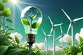 Green Energy Brilliance: Lightbulb Intricately Intertwined with Miniature Wind Turbines and Lush Greenery Inside, Symbolizing Royalty Free Stock Photo