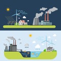 Green energy clean city compared to polluted plant