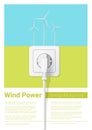Green energy concept background with wind turbine and electric plug Royalty Free Stock Photo