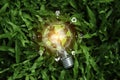green energy concept help reduce global warming..Hand holding natural background light bulb on green grass , green energy icon Royalty Free Stock Photo
