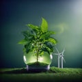 Green energy concept, green plant, wind mill on the background.