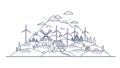 Green energy concept thin line vector illustration. Windmill and solar energy as an alternative electricity resource for