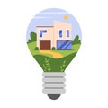 Green energy, culture of efficient electricity consumption, house inside light bulb Royalty Free Stock Photo