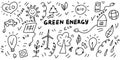 Green Energy Doodle Set. Hand drawn lines cartoon set of symbols on the ecology and bio. Vector icons collection isolation on Royalty Free Stock Photo