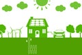 Green energy an eco friendly house - solar energy, wind energy, geothermal energy. Concept ecology city with solar panel, wind