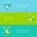 Green energy ecology eco clean planet flat web banners set