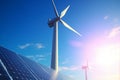 Green energy fusion, Solar panels, pylon, and wind turbine generate clean power Royalty Free Stock Photo