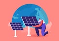 Green Energy, Global Warming and Environment Problems Concept. Man Set Up Solar Panel against Earth Globe Royalty Free Stock Photo