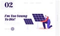 Green Energy, Global Warming and Environment Problems Website Landing Page. Man Set Up Solar Panel. Renewable Sun Power