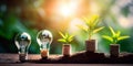Green energy investment concept depicted through a light bulb containing a growing tree and plants on top of money Royalty Free Stock Photo