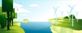 Green energy landscape with electric windmill on river coast