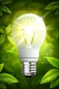 Green energy light bulb among home plants for cost saving sustainable consumption Royalty Free Stock Photo