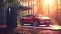 Green Energy in Nature\'s Embrace: Electric Car Refueling Station amidst Lush Forest, Promoting Eco-Friendly Future with Zero