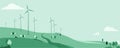 Green energy resource vector illustration. Nature landscape with rotation windmills, wind turbines, field, hill, trees