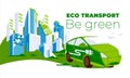 Green energy and safe environment concept, electric car on green city background.