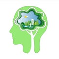 Green energy and save environment concept, Human head with brain, Man and dog are running in city parks