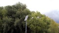 Street lamp post with solar panel in Park with green tree and blue sky for background energy saving concept. Royalty Free Stock Photo