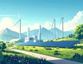 Green energy scene wind turbines solar panels path mountains Royalty Free Stock Photo