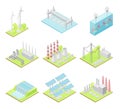 Green Energy with Solar Panels, Wind Generator and Hydro Power Station Isometric Vector Set Royalty Free Stock Photo