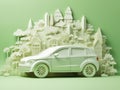 Green energy and sustainable concept, electric car and green city paper cut art. Generative AI Royalty Free Stock Photo