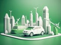 Green energy and sustainable concept, electric car and green city paper cut art. Generative AI Royalty Free Stock Photo