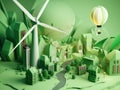 Green energy and sustainable concept, electric car and green city paper cut art. Generative AI Royalty Free Stock Photo