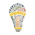 Green energy transition tag cloud illustration. Renewable energy bulb.