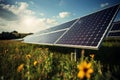Green energy vision photovoltaic solar panel in a clean, lush field Royalty Free Stock Photo