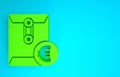 Green Envelope with euro symbol icon isolated on blue background. Salary increase, money payroll, compensation income