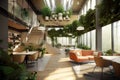 Green Environment Office With Collaborative Outdoor Spaces To Encourage Employee Wellbeing And Connection With Nature. Generative