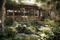 Green Environment Office Surrounded By Landscaped Garden Filled With Native Plants. Generative AI