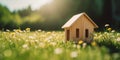 Eco house. Green and environmentally friendly housing concept. generative ai. Miniature wooden house in spring grass, moss and Royalty Free Stock Photo