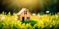 Eco house. Green and environmentally friendly housing concept. generative ai. Miniature wooden house in spring grass, moss and Royalty Free Stock Photo