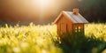 Eco house. Green and environmentally friendly housing concept. generative ai. Miniature wooden house in spring grass, moss and Royalty Free Stock Photo