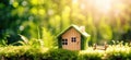 Eco house. Green and environmentally friendly housing concept. generative ai. Miniature wooden house in spring grass, moss and Royalty Free Stock Photo