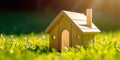 Eco house. Green and environmentally friendly housing concept. generative ai. Miniature wooden house in spring grass, moss and Royalty Free Stock Photo