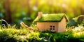 Eco house. Green and environmentally friendly housing concept. generative ai. Miniature wooden house in spring grass, moss and Royalty Free Stock Photo