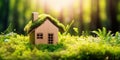 Eco house. Green and environmentally friendly housing concept. generative ai. Miniature wooden house in spring grass, moss and Royalty Free Stock Photo