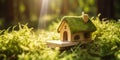 Eco house. Green and environmentally friendly housing concept. generative ai. Miniature wooden house in spring grass, moss and Royalty Free Stock Photo