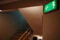 Green escape route sign on a flight of stairs