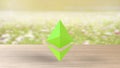 Green Ethereum gold sign icon on blur field of flowers. 3d render isolated illustration, cryptocurrency, crypto, business,