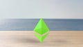 Green Ethereum gold sign icon on wood table blur sea with the sky. 3d render illustration, cryptocurrency, crypto, business,