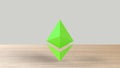 Green Ethereum gold sign icon on wood table white background. 3d render isolated illustration, cryptocurrency, crypto, business,