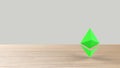 Green Ethereum gold sign icon on wood table white background. 3d render isolated illustration, cryptocurrency, crypto, business,