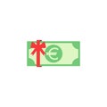 Green euro bank notes pack with red ribbon isolated on white. Money prize, gift or award flat icon